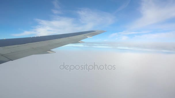 从窗边的平面角度看土地 飞机在舷窗的机翼 — 图库视频影像