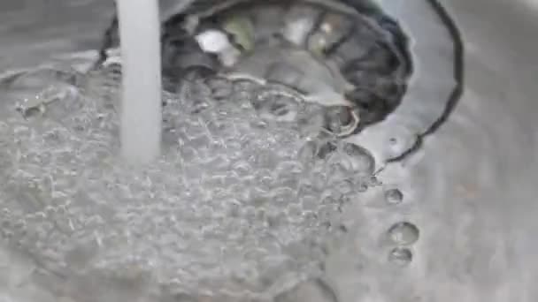 Water stroomt van een kraan naar een gootsteen vol water. Luchtbellen in het water. In slow motion. — Stockvideo