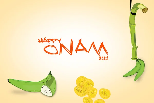 Ilustración de onam en fondo de plátano verde y papas fritas para las celebraciones del festival comunitario de Kerala —  Fotos de Stock