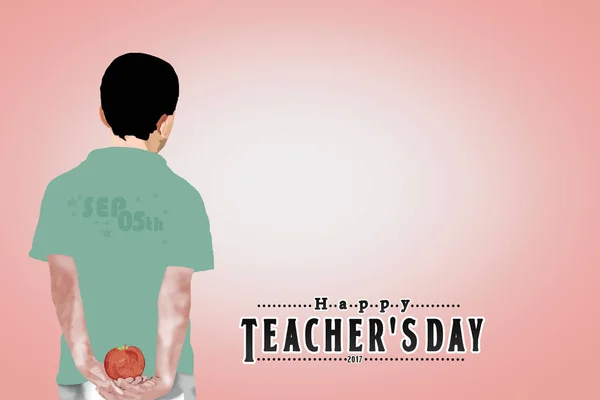 행복 한 선생님의 하루입니다. 사과 들고 학생 들. — 스톡 사진