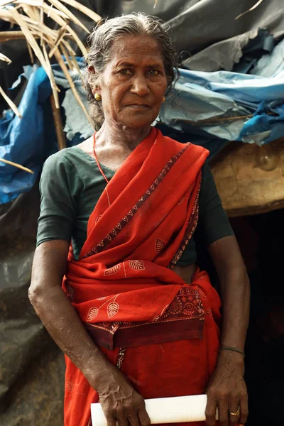 Nannilam, Hindistan - 20 Mayıs 2016: Kameraya bakarak mutlu yaşlı kadın portresi 