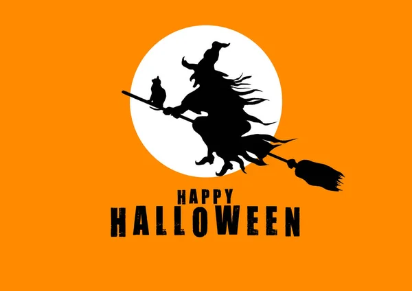 Mutlu Halloween cadı ve beyaz ay, turuncu arka plan arka plan. — Stok fotoğraf