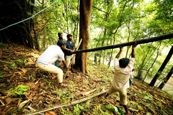 코 다이카 날, 인도-2015 년 6 월 29 일: 영화 사람들 숲, 영화 세트에서에서 나무를 들고. — 스톡 사진