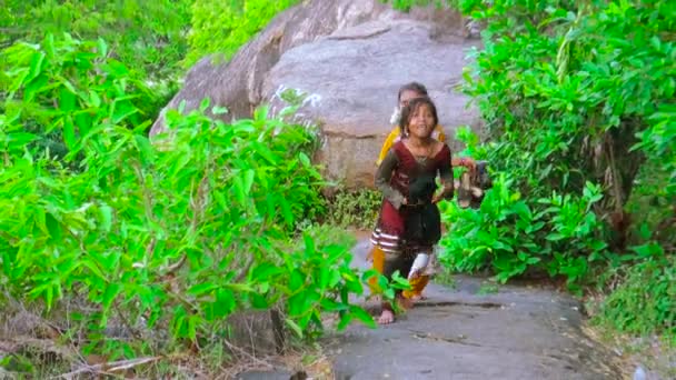 India - 2016. június 12.: Gyermek túrázás hegyekben, gyermekek utazási és az életmód fogalmát. nyaralás vidéken. — Stock videók