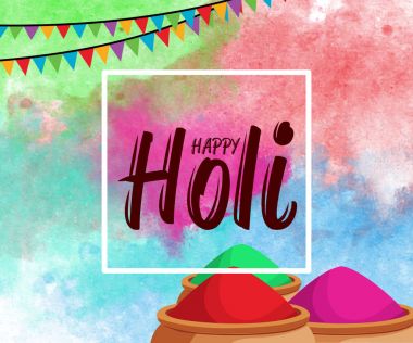 Gerçekçi hacimsel renkli Holi toz boya bulutlar ve örnek metin renkleri arka plan mutlu Holi ilkbahar Festivali. Mavi, sarı, pembe ve mor toz boya