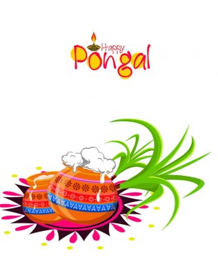 Pot, şeker kamışı ve plaka üzerinde renkli rangoli dini teklifiyle geleneksel pirinç ile mutlu Pongal kutlamalar Güney Hint, hasat festivali çamur.