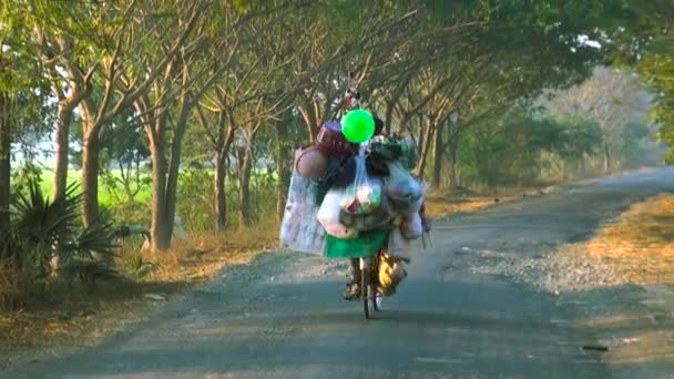자전거를 길가에 다채로운 수공예품을 들고 남자 공급 업체. — 비디오