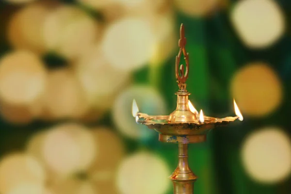 Oil lamps on Indian wedding ceremony with lights. — Stock Photo, Image