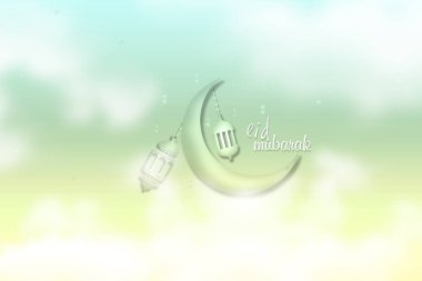 Eid Mubarak kartı. Hat, ay ve lambalar ile gökyüzü illüstrasyon.