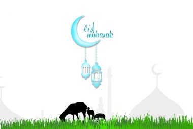 Eid mubarak tebrik kartı. Hilal ay ve lamba ile cami siluet