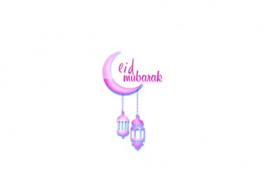 Eid Mubarak, beyaz arka plan aydınlatılmış lambalı.
