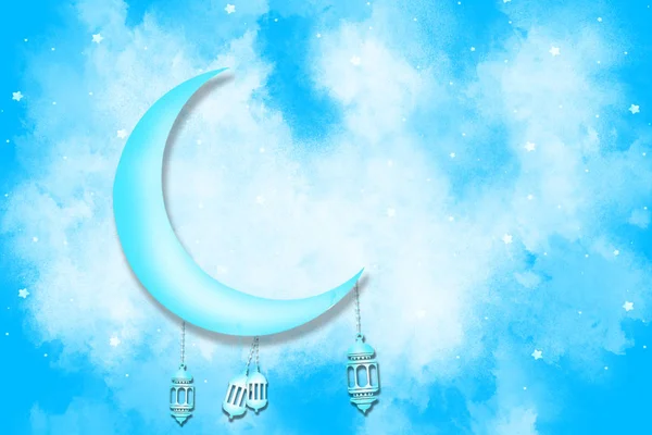 Eid-Ul-Adha muslimska festival firandet. Ramadan Kareem bakgrund. Crescent Moon och lykta Lightning i himlen — Stockfoto