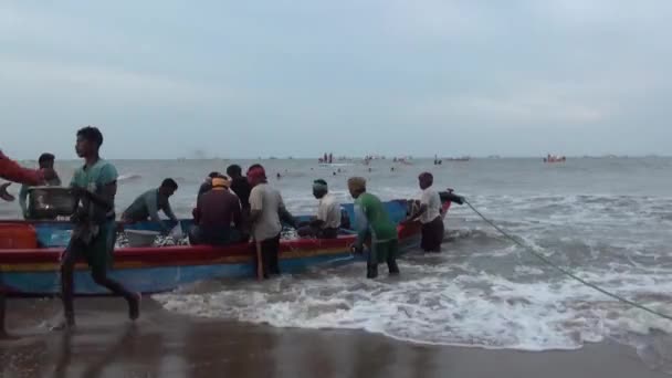 POOMPUHAR, India - 12 DE NOVIEMBRE DE 2015: Pescadores indios descargando pescado de un barco pesquero en el muelle . — Vídeo de stock