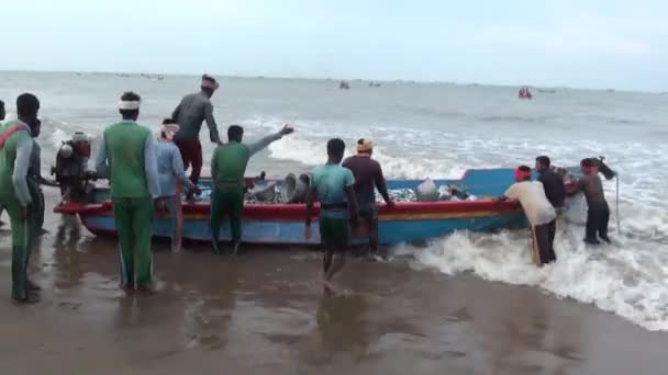 POOMPUHAR, India - 12 NOVEMBRE 2015: I pescatori indiani scaricano il pesce dalla barca da pesca al molo . — Video Stock