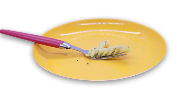 Platta av italiensk pasta med gaffel på vit bakgrund — Stockfoto