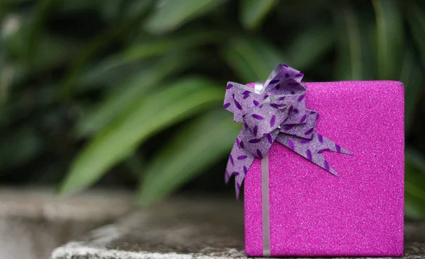 Cadeaudoosje met als geschenk voor Kerstmis, Nieuwjaar, Valentijnsdag of jubileum op de achtergrond van de natuur, ruimte om te schrijven. — Stockfoto