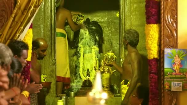인도의 첸 나이 - 2019 년 5 월 12 일: 성직자가 힌두교의 여신 무루간의 신에게 우유를 부어 줌으로써 아 비셰 감 을 수행" — 비디오