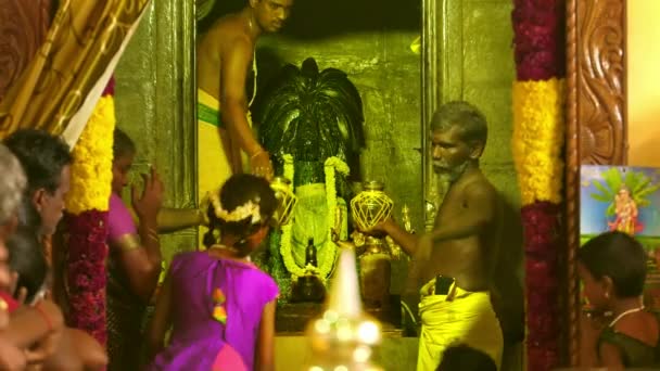 Chennai, Indie - 12. května 2019: Kněz předvádí Abhishekam "tím, že nalévá mléko na bohyni hinduistické bohyně Murugan" — Stock video