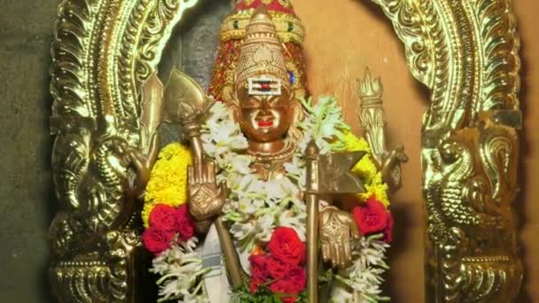 Detalle de colorida estatua del dios hindú indio en el templo . — Vídeos de Stock