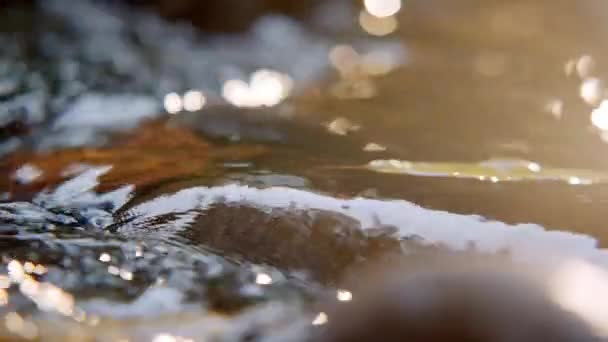 Sluiten van zoet natuurlijk water dat over rotsen stroomt — Stockvideo