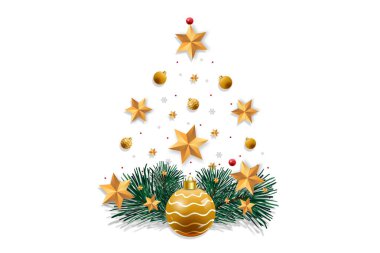 Süslü Noel ağacı, süslenmiş altın yıldızlar beyaz arka planda Noel ağacı