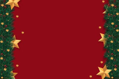 Kırmızı Noel Arkaplanı, Gerçekçi Görünümlü Noel Ağacı dalları Meyve, Altın Yıldızlar ve takılarla süslenmiş.
