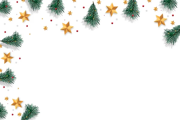 Boldog karácsonyt fehér háttér fa ágak díszített csillagok, Xmas téma. Illusztráció — Stock Fotó