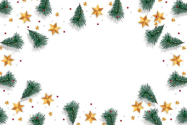 Buon Natale su sfondo bianco con rami d'albero decorati con stelle, tema natalizio. Illustrazione — Foto Stock