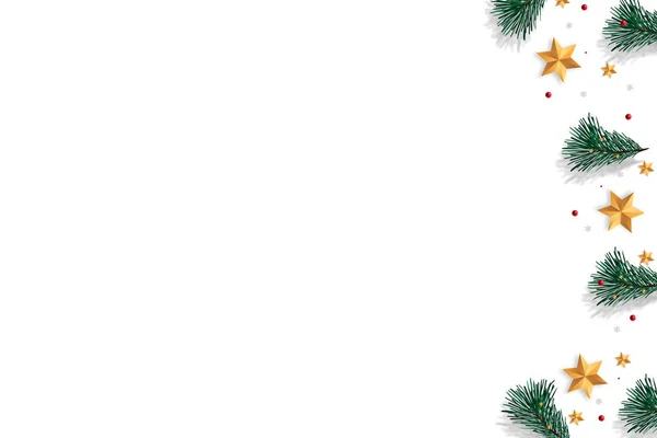 God Jul på vit bakgrund med träd grenar dekorerade med stjärnor, Xmas tema. Illustration — Stockfoto