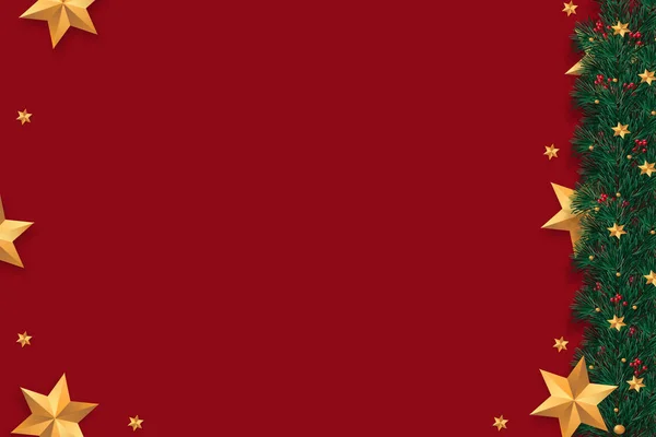 Κόκκινο φόντο Χριστούγεννα με σύνορα της Ρεαλιστική αναζητούν τα κλαδιά χριστουγεννιάτικο δέντρο διακοσμημένα με μούρα, χρυσά αστέρια και μπιχλιμπίδια. — Φωτογραφία Αρχείου
