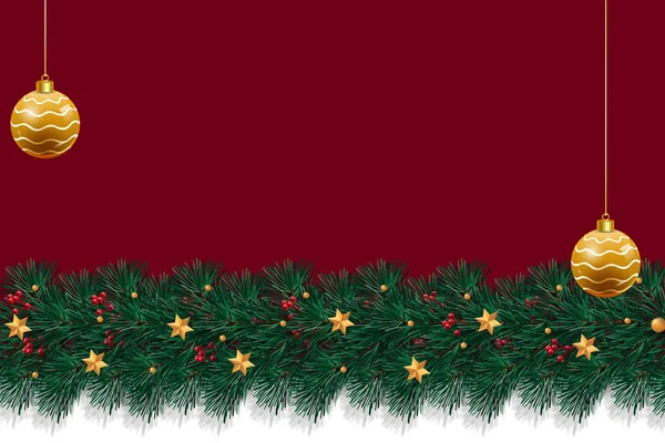 Red Christmas Background with Border of Realistic Looking Christmas Tree Branches Decorated with Berries, Stars and baubles. — Stock Photo, Image