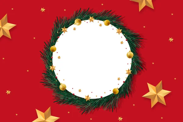 Feliz Navidad y Feliz Año Nuevo marco de la tarjeta de felicitación sobre fondo rojo con espacio para el texto —  Fotos de Stock