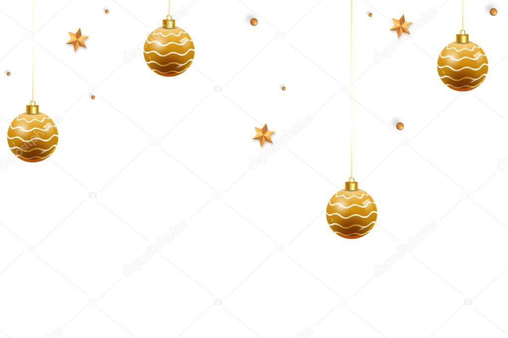 Christmas balls, holiday gifts with golden bow on white background. Christmas design, posters, cards, websites and banners.