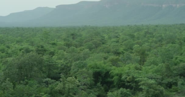 The camera is slowly panning and showing a panoramic view of the a huge mountain range of forests — Stock Video