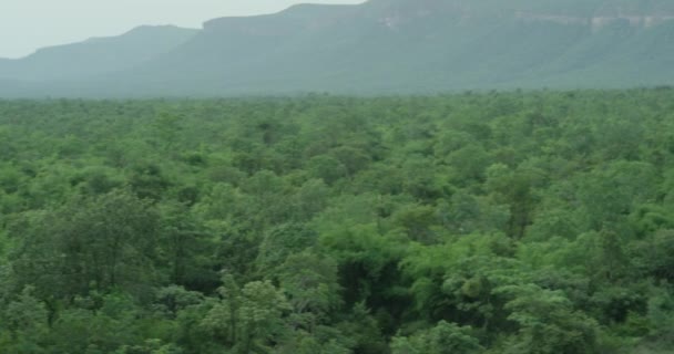 A câmera está lentamente panning e mostrando uma vista panorâmica do uma enorme gama de montanhas de florestas — Vídeo de Stock