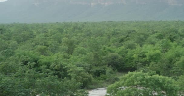 A câmera está lentamente panning e mostrando uma vista panorâmica do uma enorme gama de montanhas de florestas — Vídeo de Stock