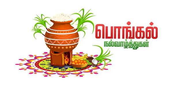 Feliz festival religioso Pongal del sur de la India celebración de fondo. ilustración. feliz pongal traducir texto tamil . — Foto de Stock