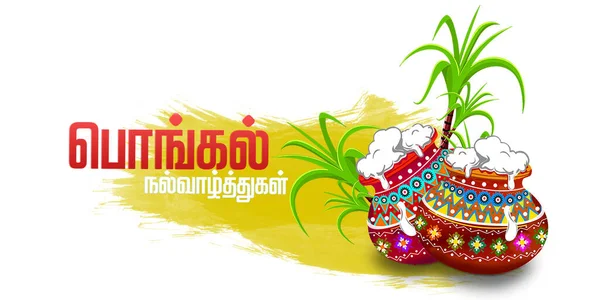 Güney Hindistan Festivali Pongal Şablon Tasarım İllüstrasyonu - Pongal Festival Arkaplanı ve Tamil metni Happy Pongal çevirili elementler — Stok fotoğraf