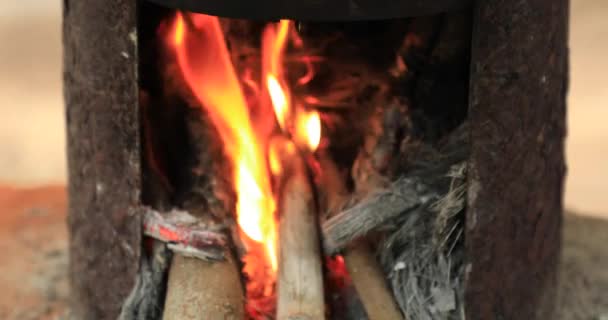 Zbliżenie Drewno spalania w pożarze, drewno opałowe jest używany jako paliwo i mieszkańcy wsi gotować — Wideo stockowe
