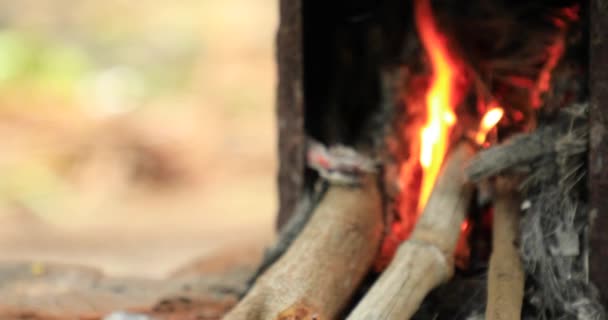Vuur en brandhout branden in het dorp — Stockvideo