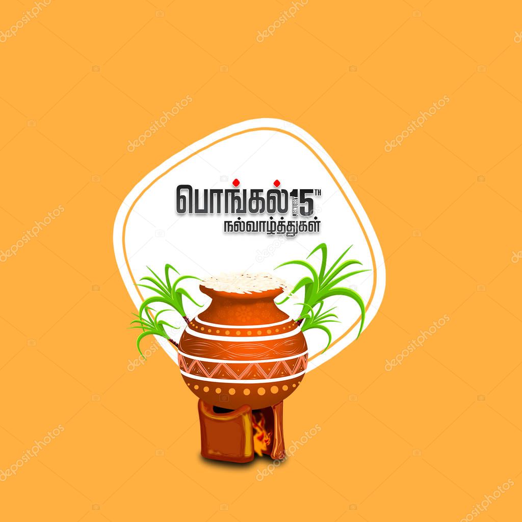 illustration of Happy Pongal Holiday Harvest Festival of Tamil Nadu South India greeting background, happy pongal translate Tamil text.
