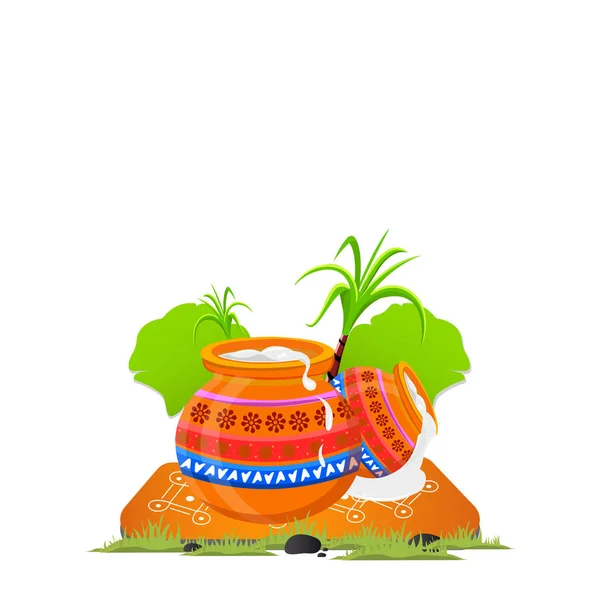 Ilustração de Feliz Pongal Holiday Harvest Festival de Tamil Nadu Sul da Índia saudação fundo - Vector Ilustração — Vetor de Stock