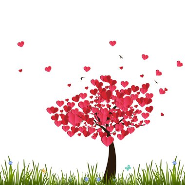 Kalp şeklinde yaprakları olan Sevgililer Günü ağaçları, güzel kelebekler, vektör çizimleri. Tebrik kartı, konsept, hediye çeki ve davetiye için tatil tasarımı. Aşk büyümesi