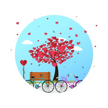 Sevgililer günü Bisiklet ve kalpleri dışarı yapılan bir ağaç arka plan. Vektör.