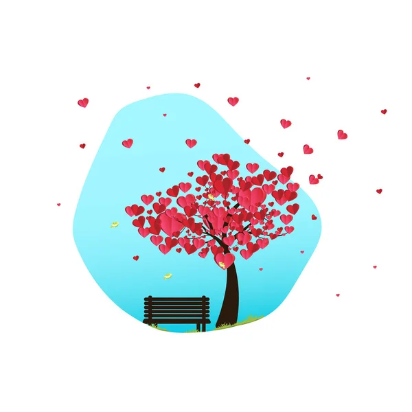 Illustration of love and valentine day, paper art and digital craft style. park bench under with love tree, digital craft. — 스톡 벡터