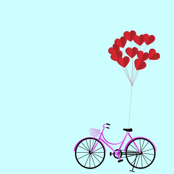 Ilustración de feliz día de los amantes o día de San Valentín, globo en forma de corazón cuelgan de la bicicleta de color rosa. arte de papel y estilo artesanal digital . — Vector de stock