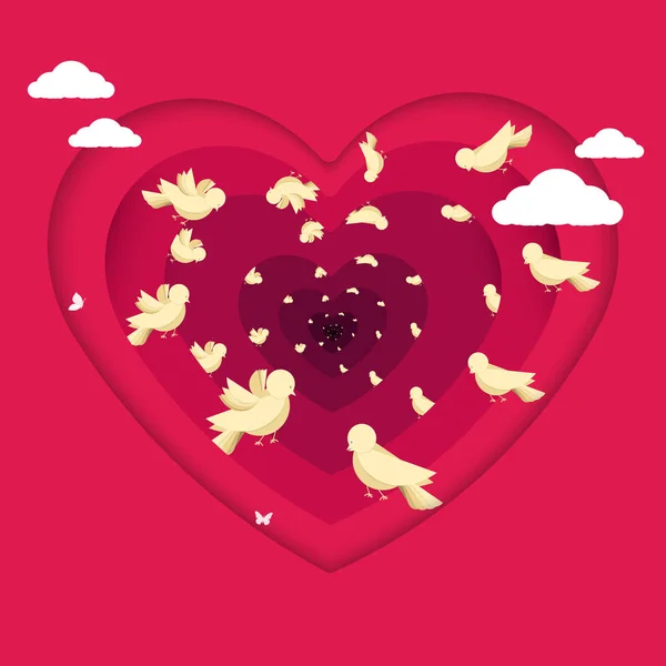 Fond Saint-Valentin en papier découpé conception de style pour la Saint-Valentin, Illustration de l'amour, oiseaux, nuages, style art du papier — Image vectorielle