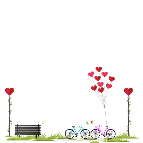 Ilustración de feliz día de los amantes o día de San Valentín, globo en forma de corazón cuelgan de la bicicleta de color rosa. arte de papel y estilo artesanal digital . — Archivo Imágenes Vectoriales