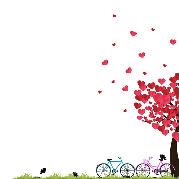 Fondo de San Valentín con una bicicleta y un árbol hecho de corazones. Vector. arte de papel y estilo artesanal digital . — Archivo Imágenes Vectoriales