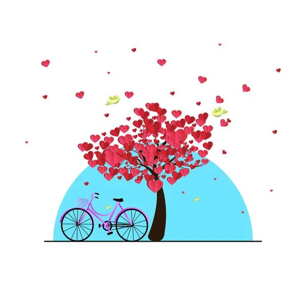 Illustration of love and valentine day, bike and a tree made out of hearts. paper art and digital craft style. — 스톡 벡터